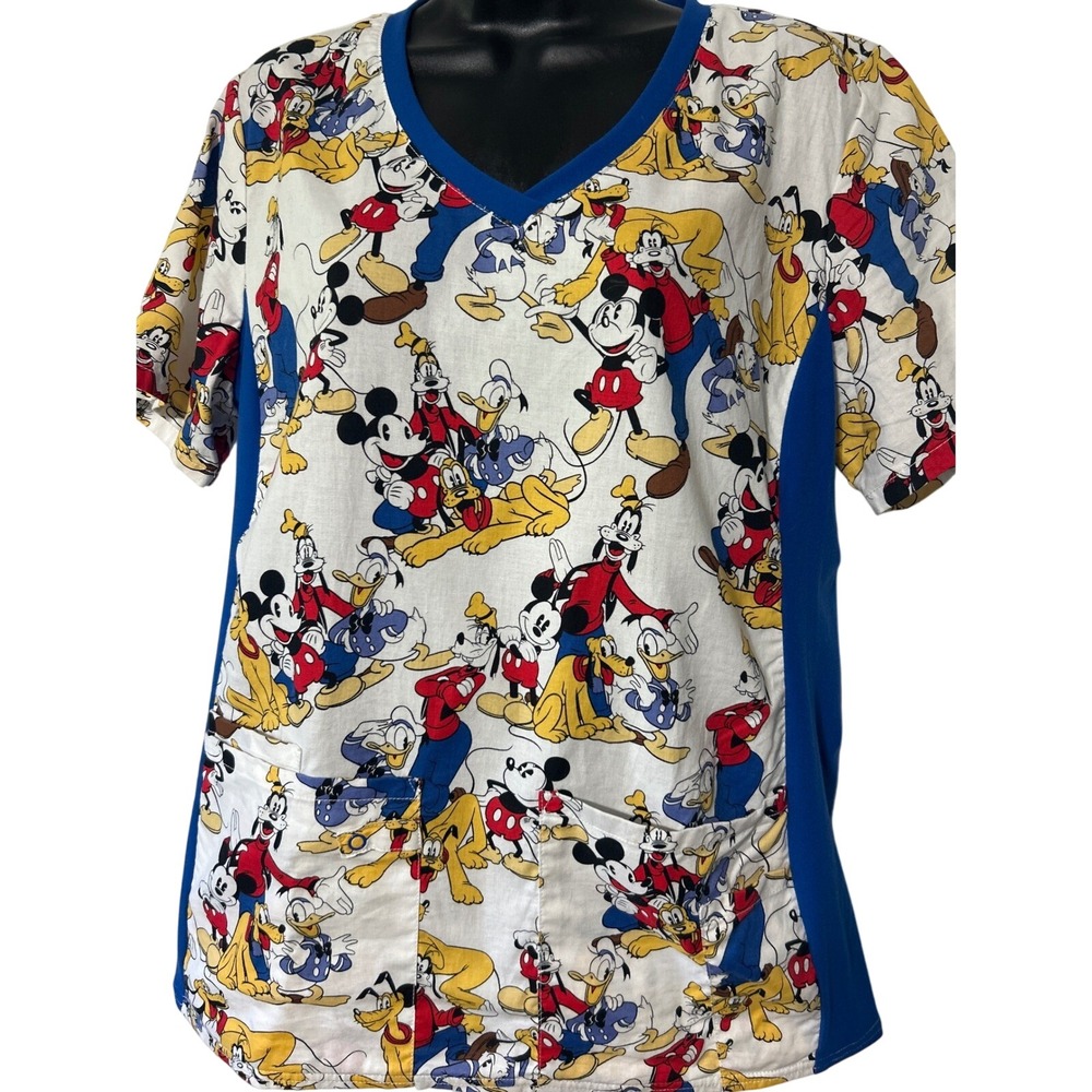 Disney Mickey‎ Mouse Goofy Donald Duck Print Scrub Top Medical Uniform